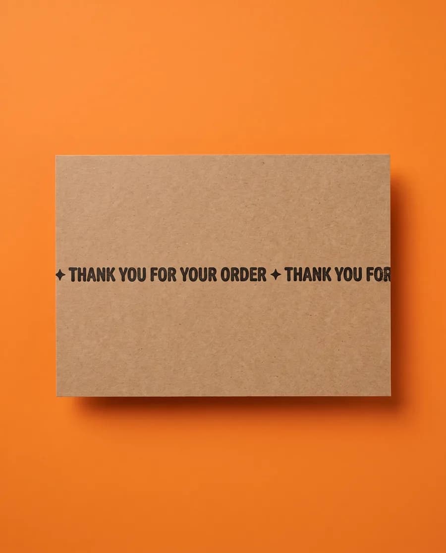 Kraft proof card on orange: Thank you for your order repeating on a single 14 mm line, printed with a Rolly L